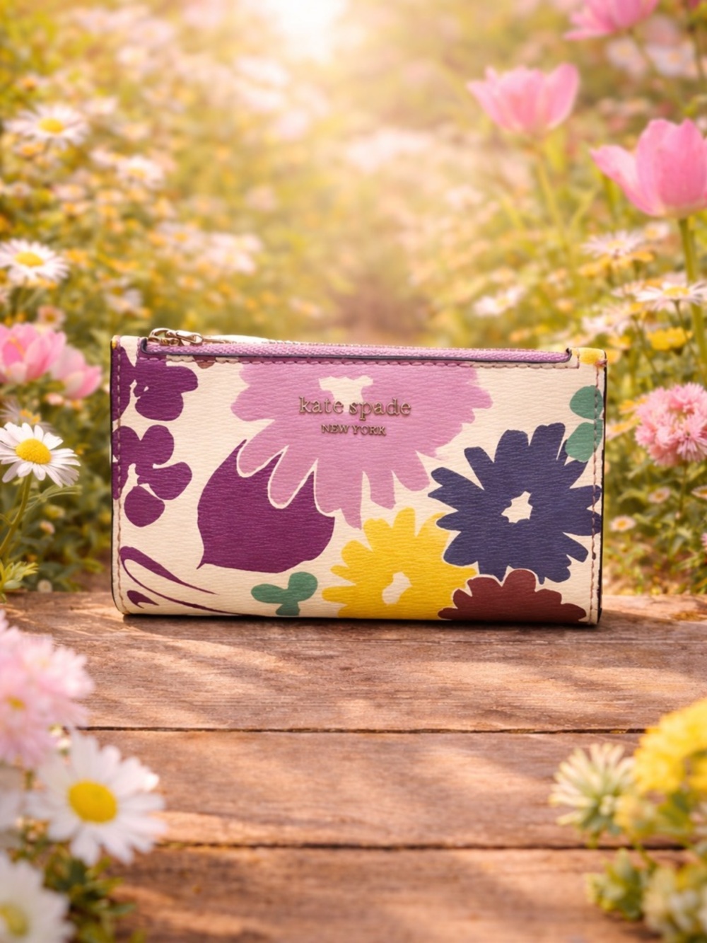 kate spade Floral Print Zip Wallet in Purple, Yellow, Green, Navy, Cream